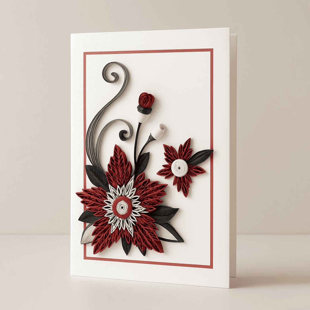 Handcrafted 3D Quilled Greeting Card – Crimson Starburst Bloom by WishKarde
