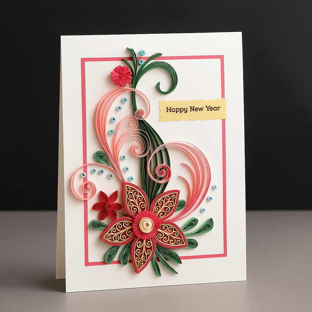 Handcrafted 3D Quilled New Year Greeting Card – Festive Floral Swirl by WishKarde