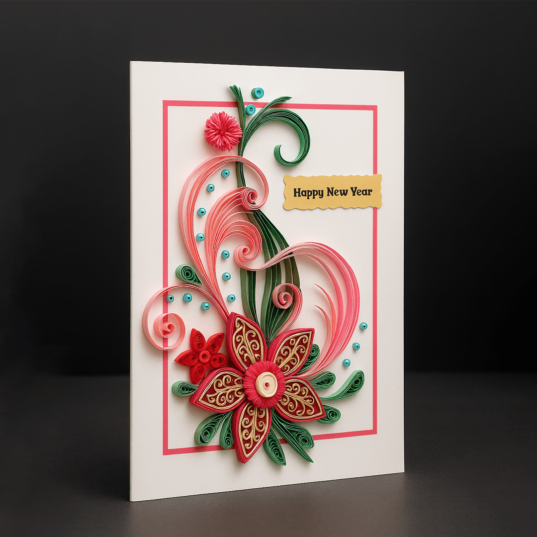 Handcrafted 3D Quilled New Year Greeting Card – Festive Floral Swirl by WishKarde thumbnail 2